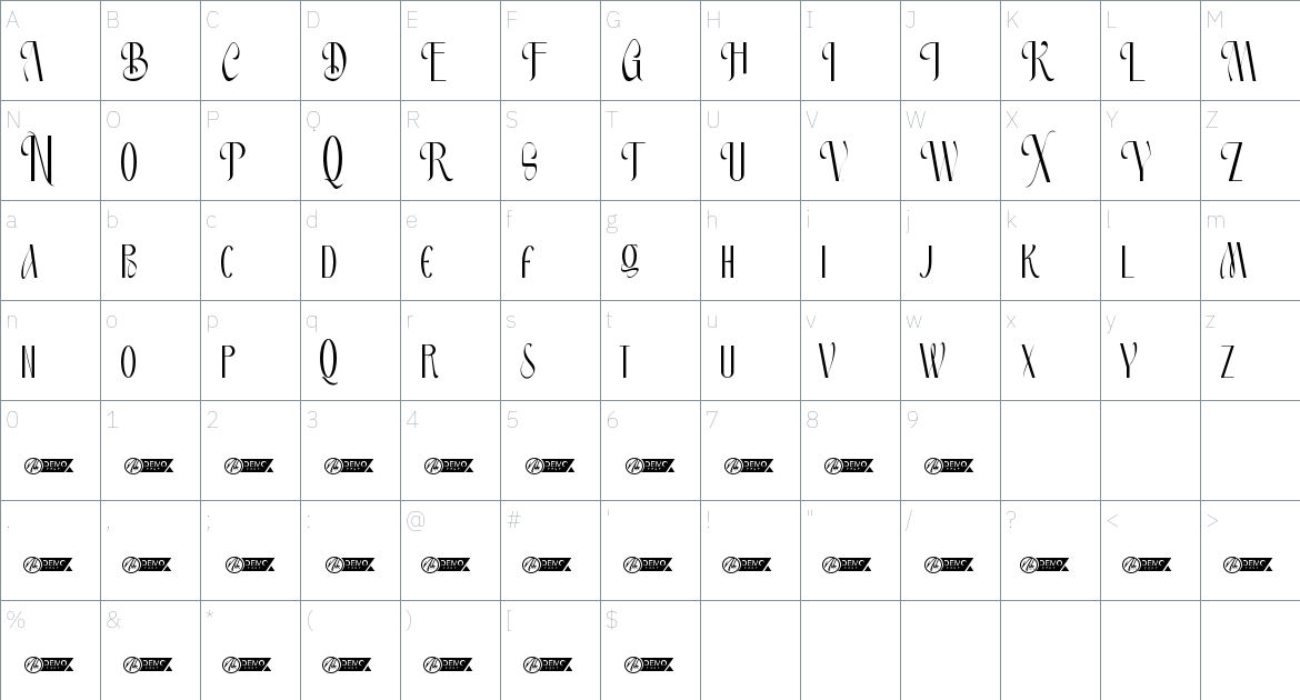 Blueganvile font Character Map