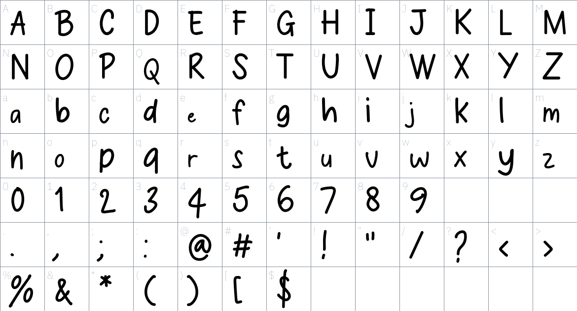 Toddler Writing font Character Map