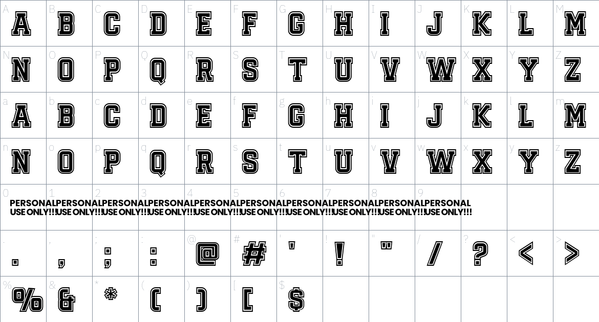 Sporting Outline font Character Map