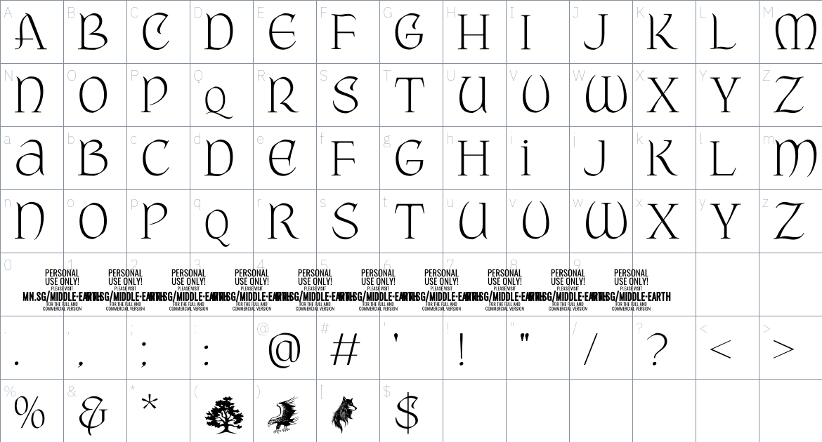 Middle Earth PERSONAL USE font Character Map