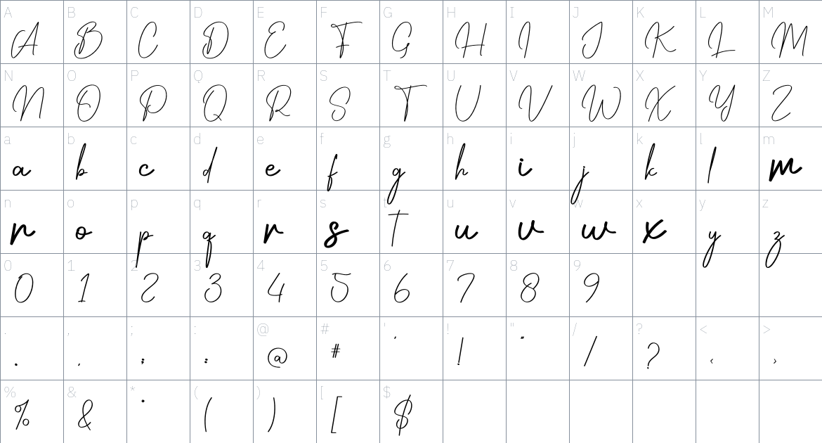 September Signature font Character Map