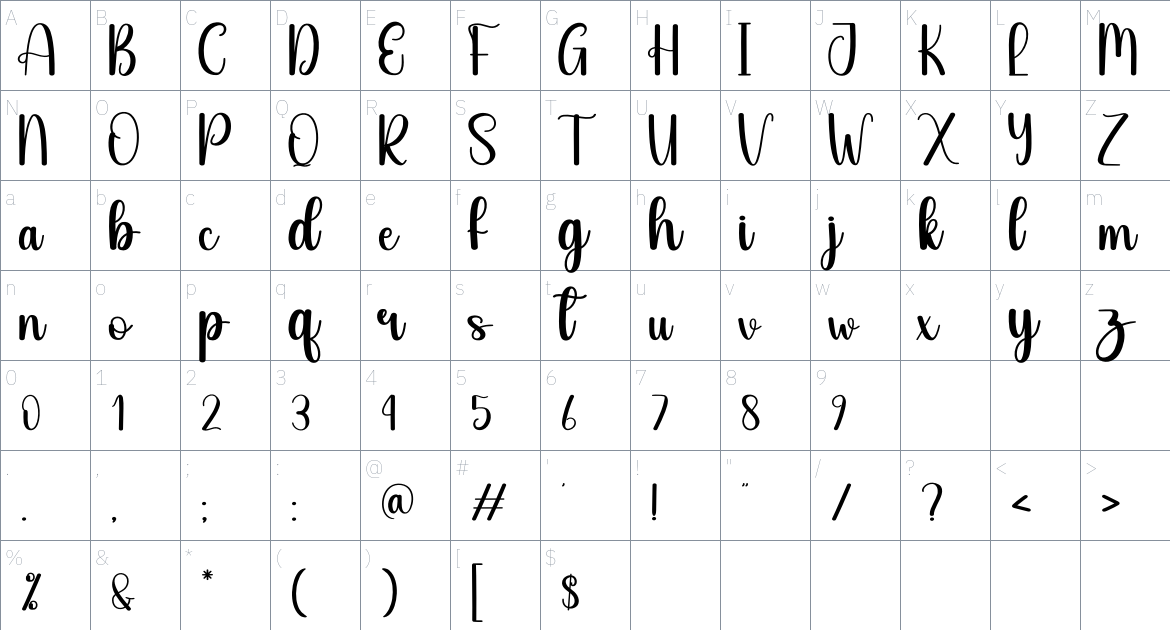 Morning Sunshine font Character Map