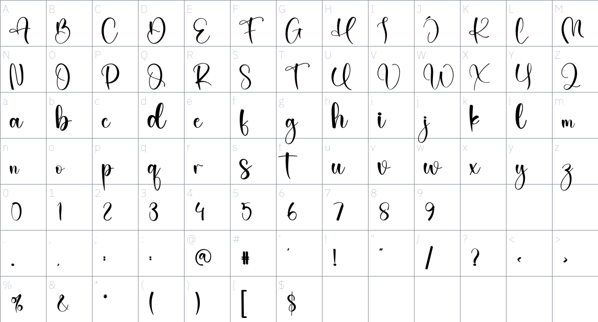 Husband font Character Map