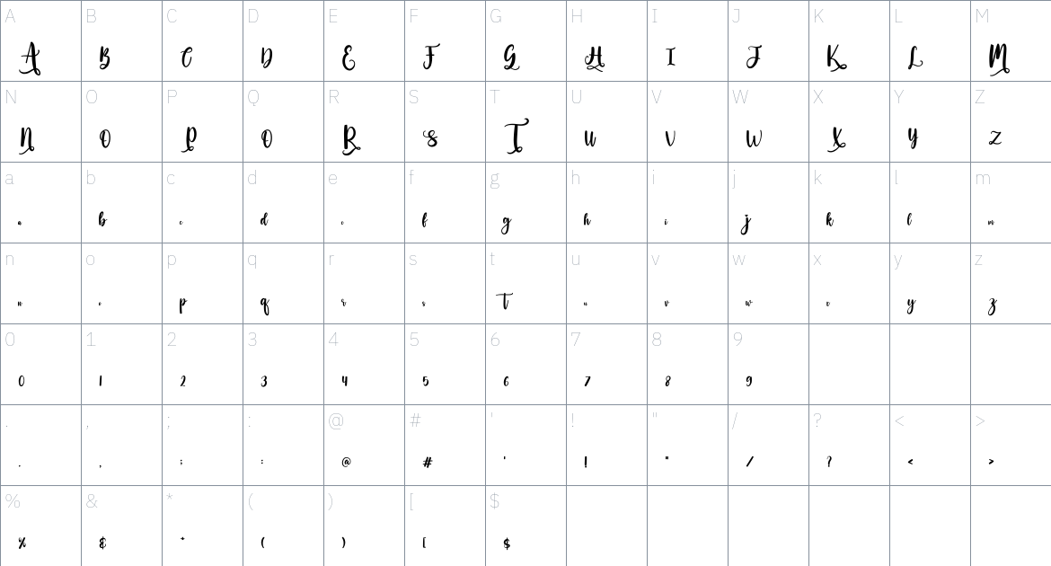 Auntum font Character Map