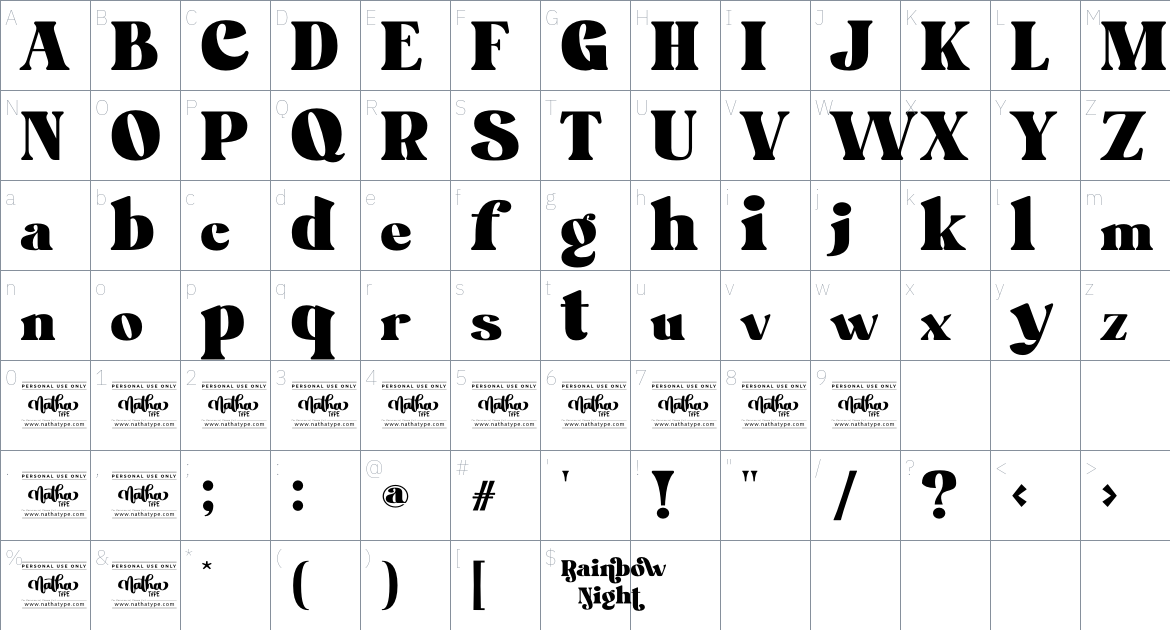 Rainbow Night font Character Map