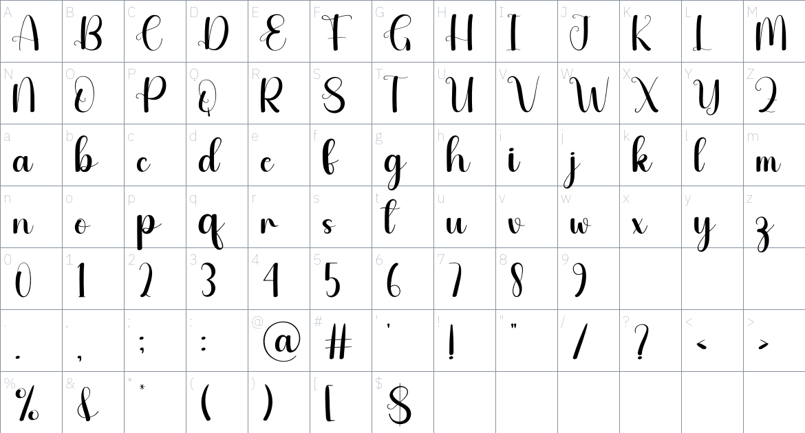 Shadow font Character Map