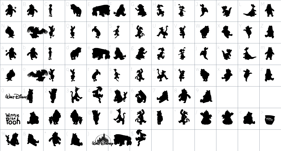 Winnie Silhouettes font Character Map