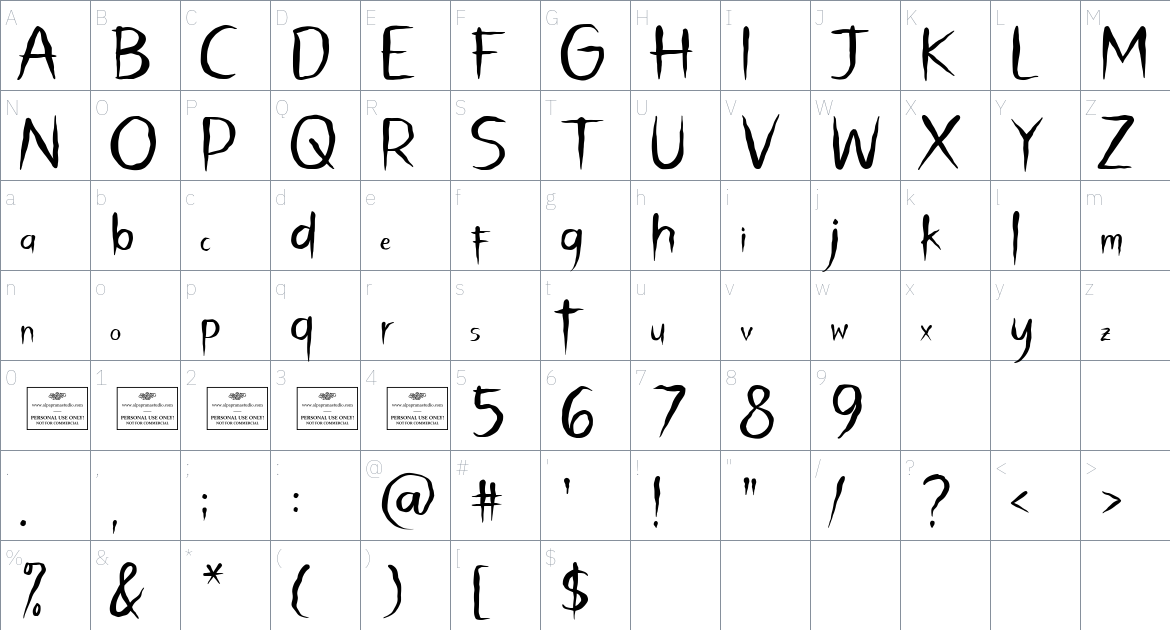 Chilling Trickster font Character Map