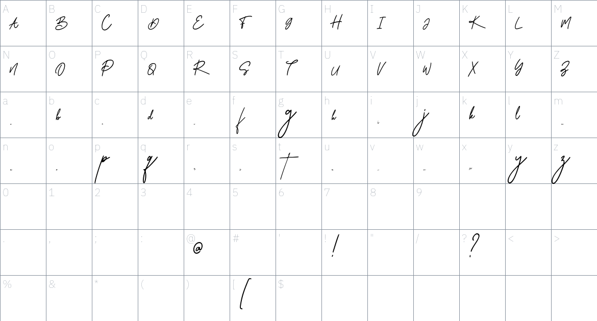 Joshlyne Signature font Character Map