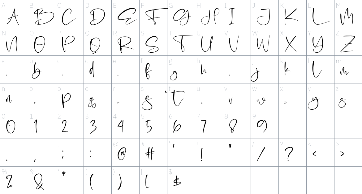 Hostela And Rocky font Character Map