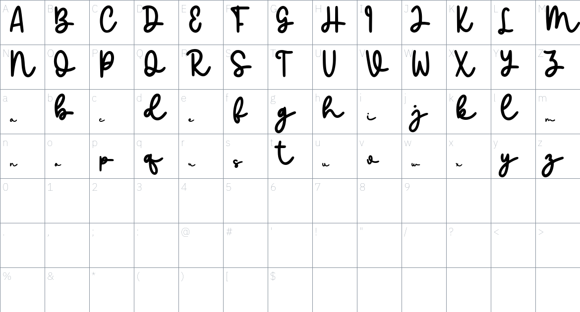 Minadine font Character Map