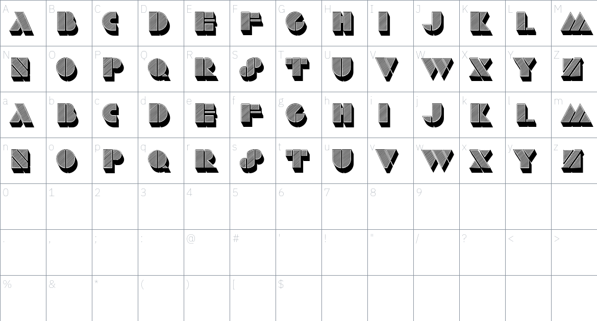 Stencil Extruded font Character Map