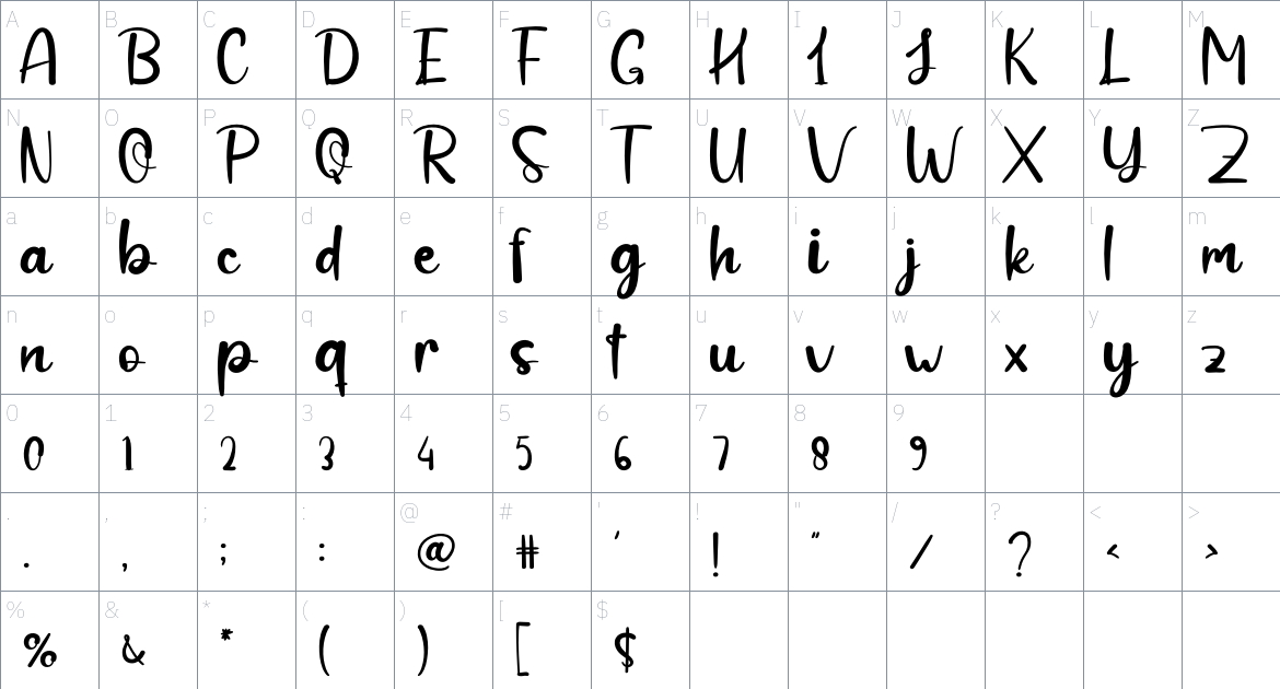 Amellia Hellina font Character Map