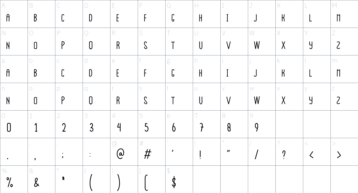 Coming font Character Map