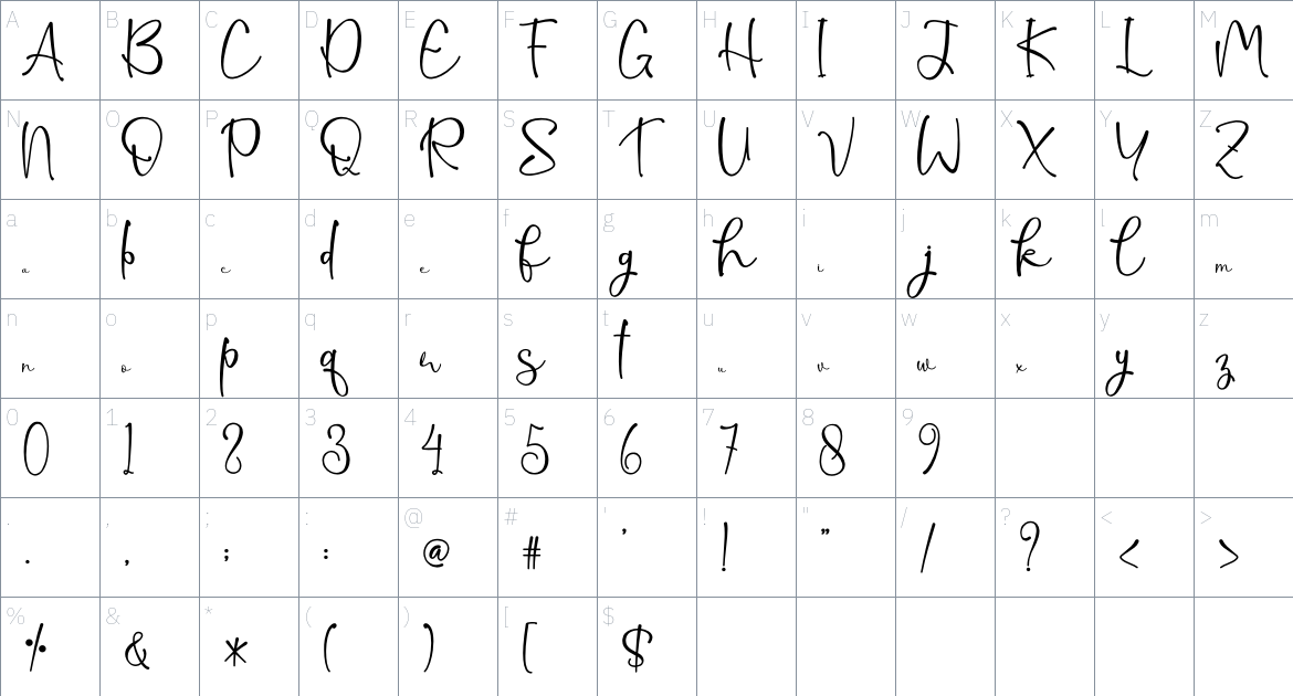 Sunrose font Character Map