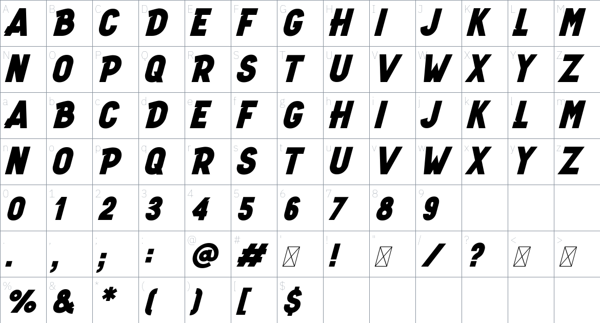 Hyper Top Italic font Character Map