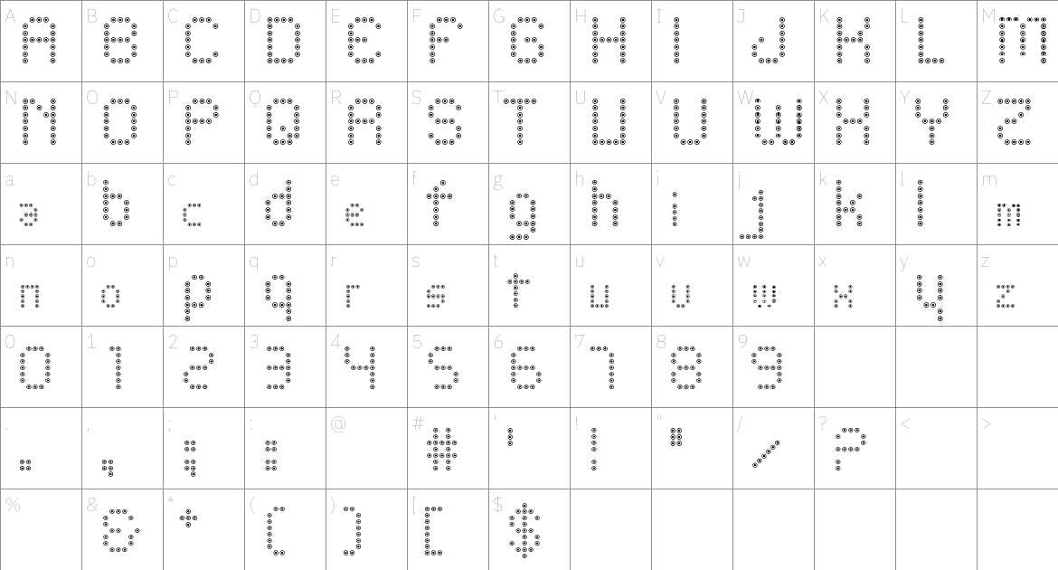 Pixcoose font Character Map