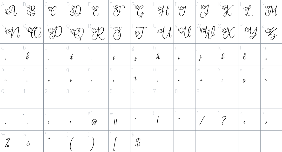 My Lovely Script font Character Map