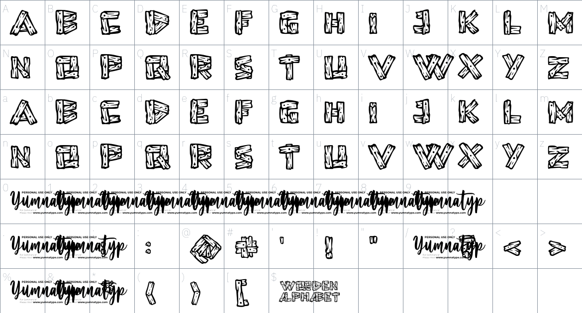 Wooden Alphabet font Character Map