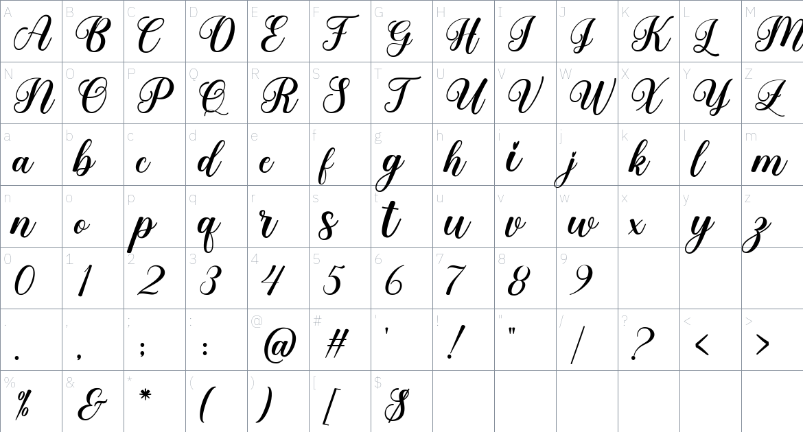 My Sweety Script font Character Map