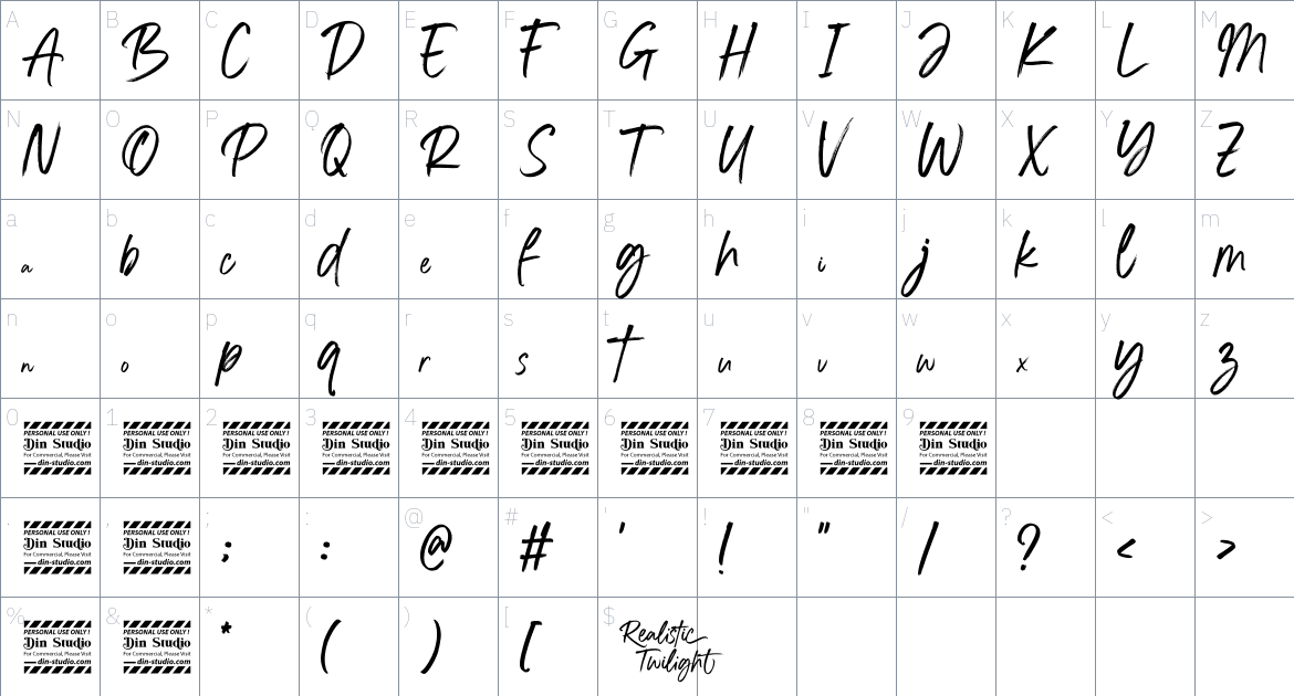 Realistic Twilight font Character Map