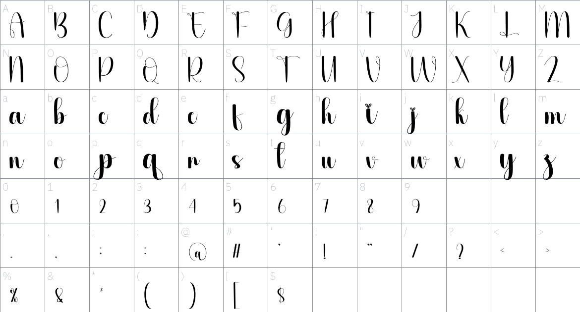 Bushy font Character Map