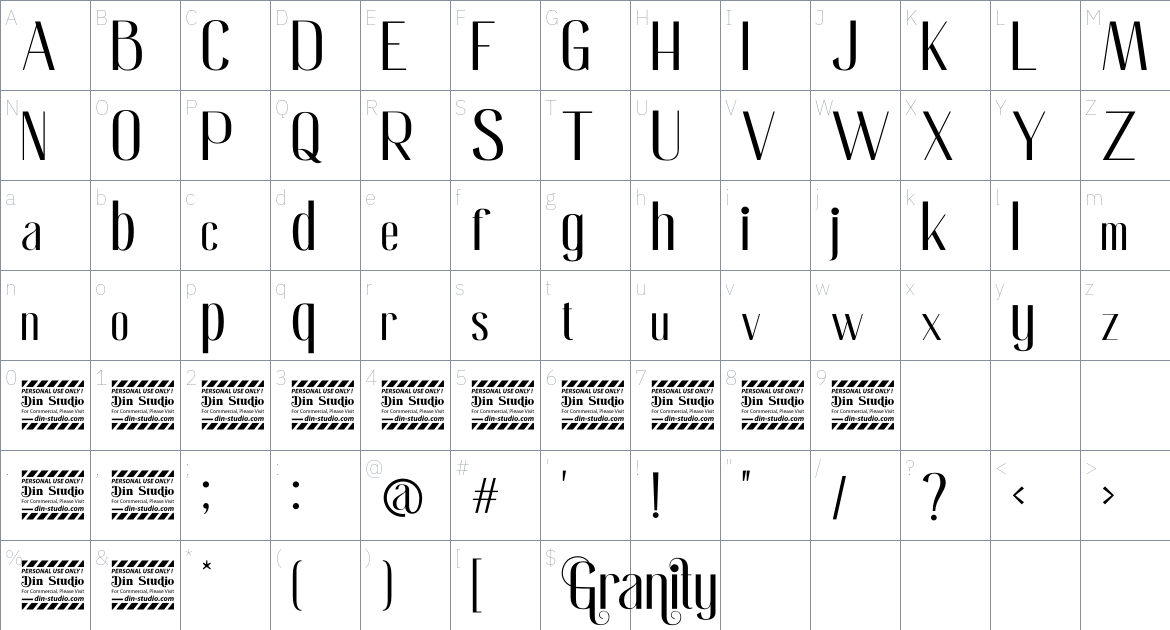 Granity font Character Map