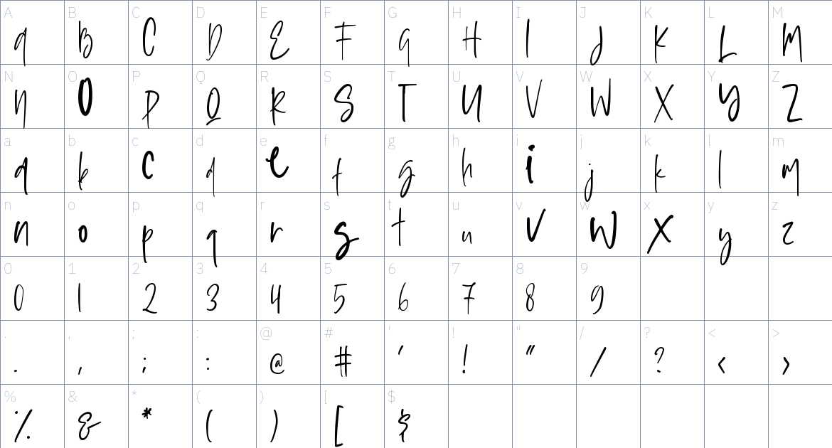 Sophisticated Signature font Character Map