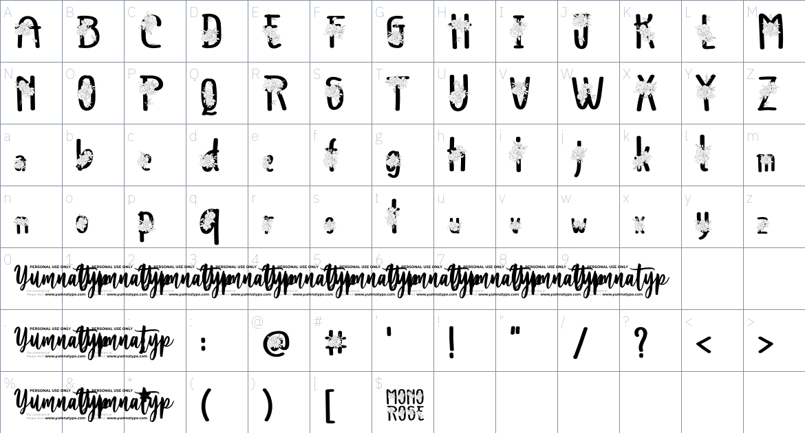 Mono Rose font Character Map