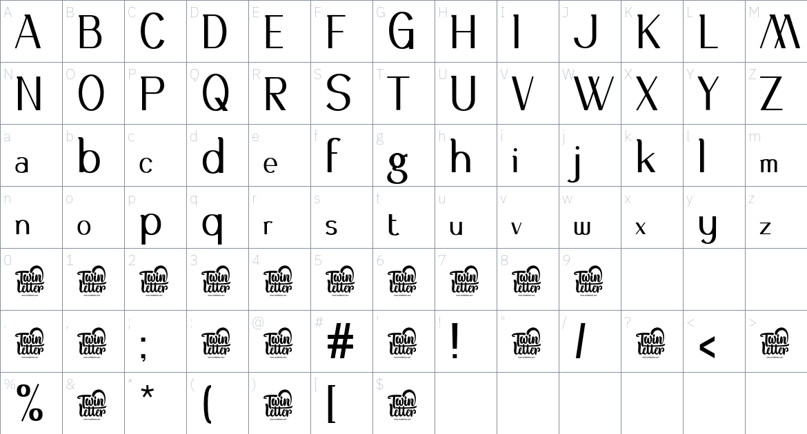 Asetin font Character Map