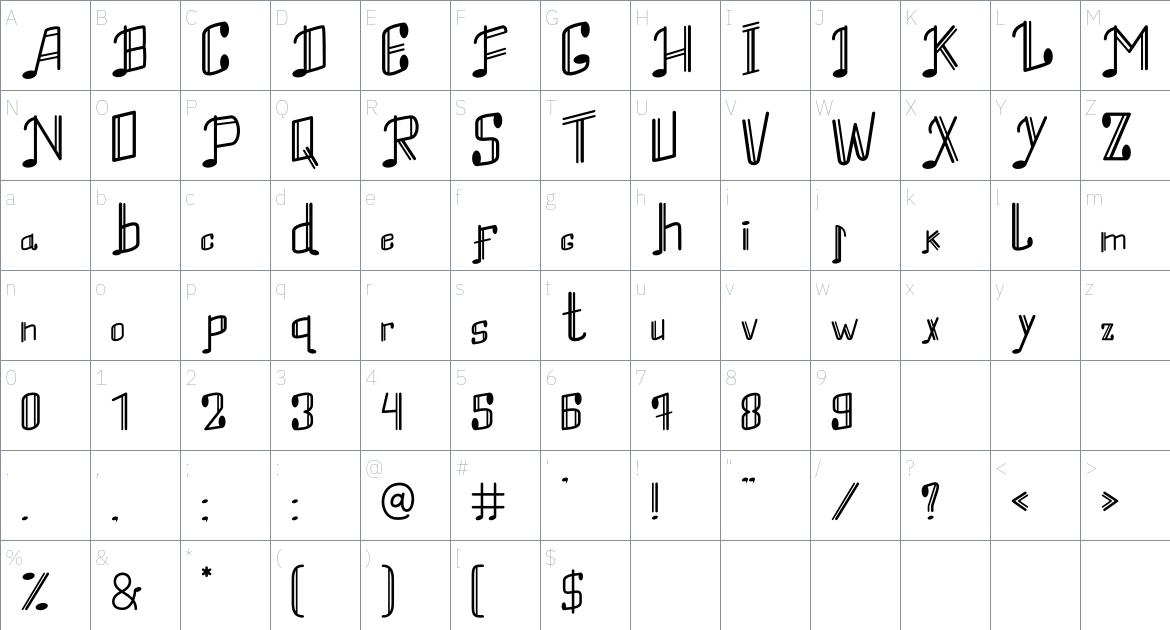 Musical Tone font Character Map