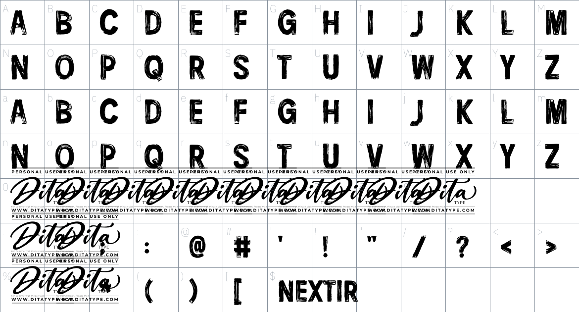 Nextir Brush Personal Use font Character Map