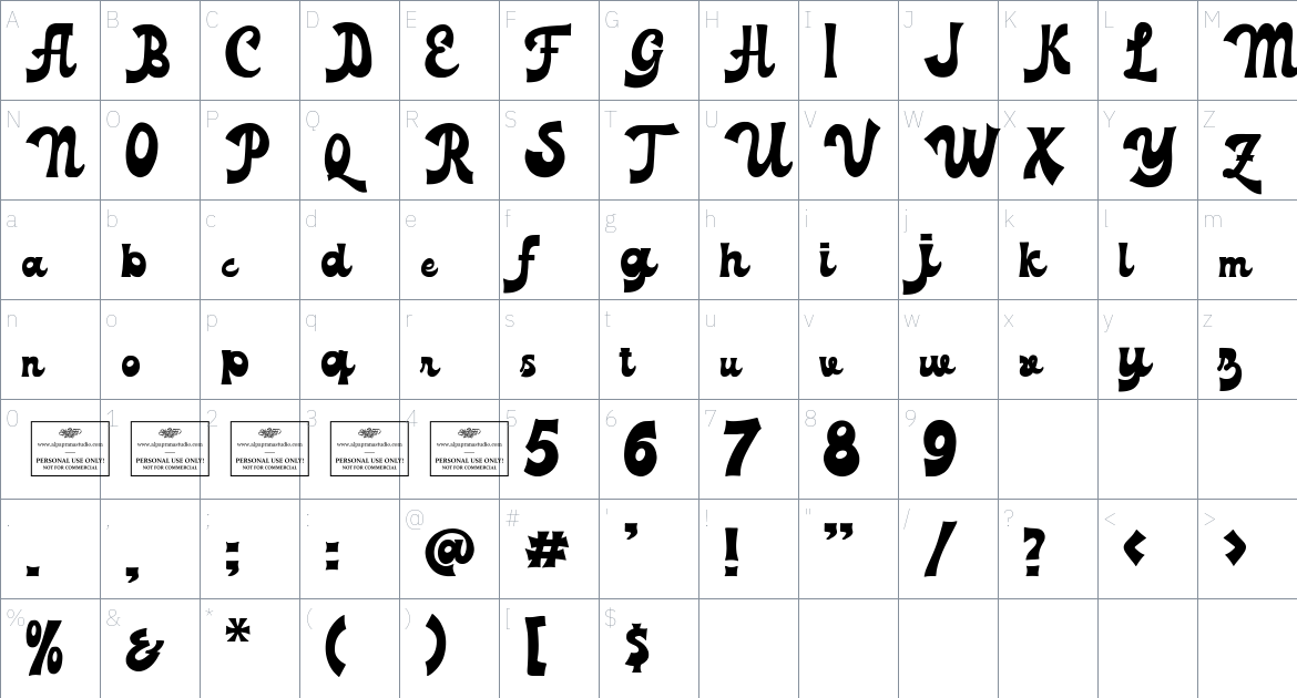 Glimmer Glide font Character Map