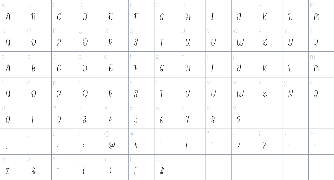 Writting Story font Character Map