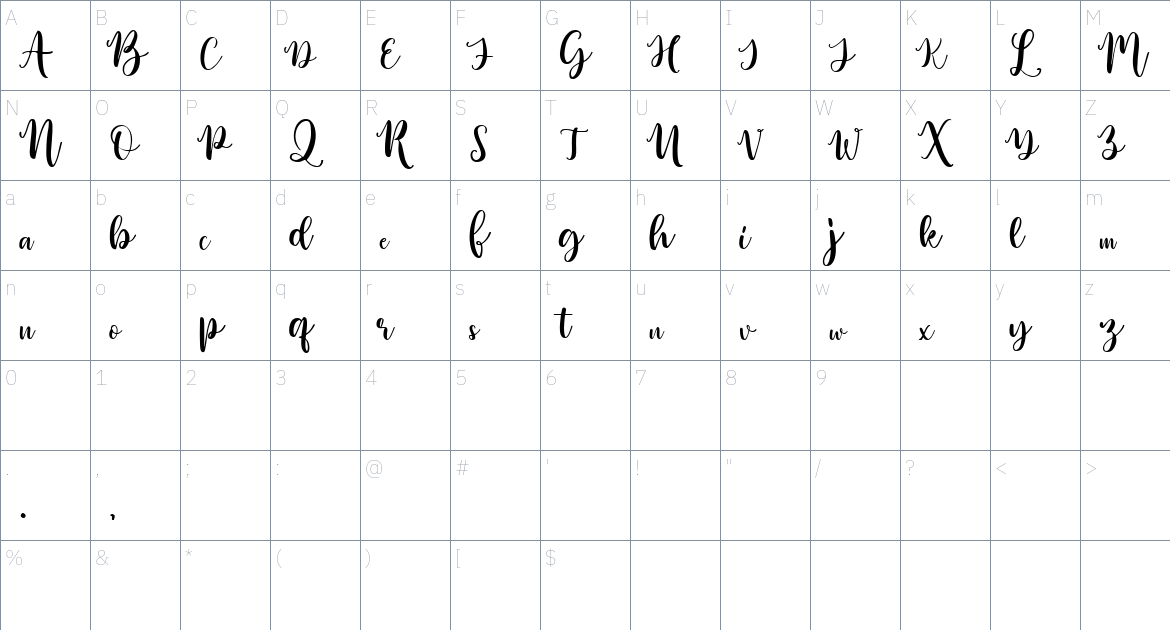 Beswash font Character Map