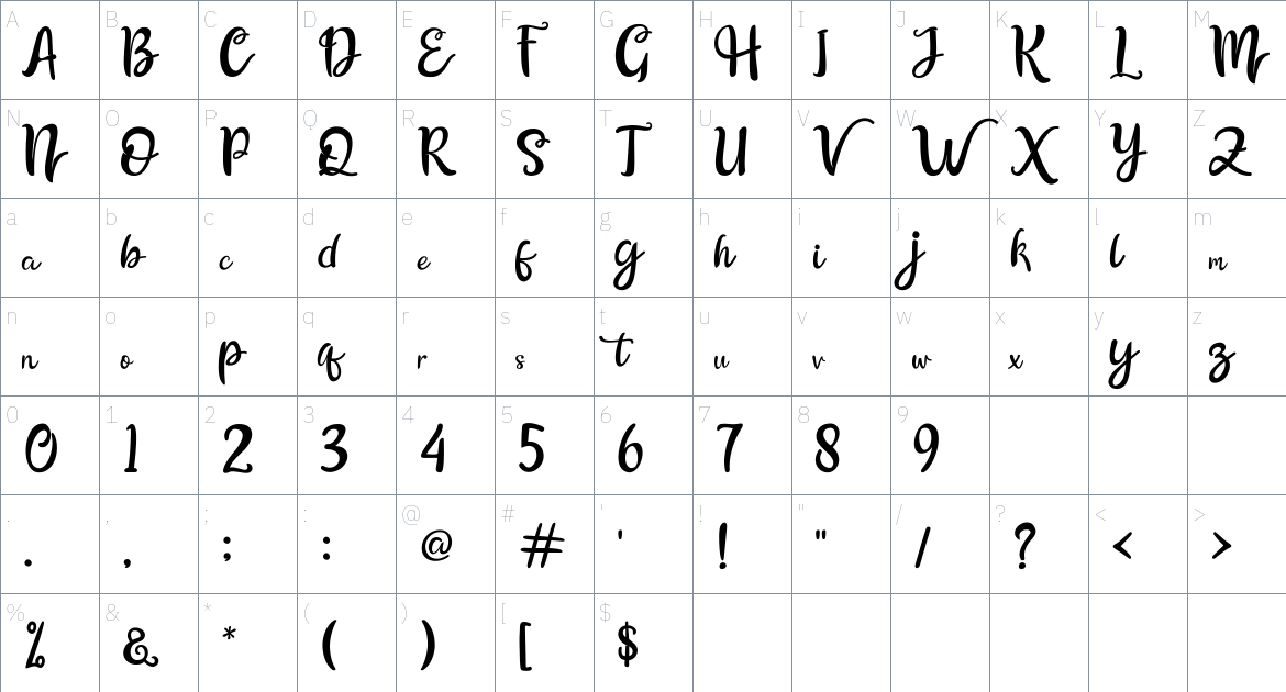 The Billow Script font Character Map