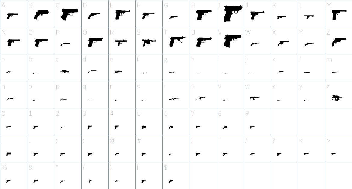 Firearms font Character Map