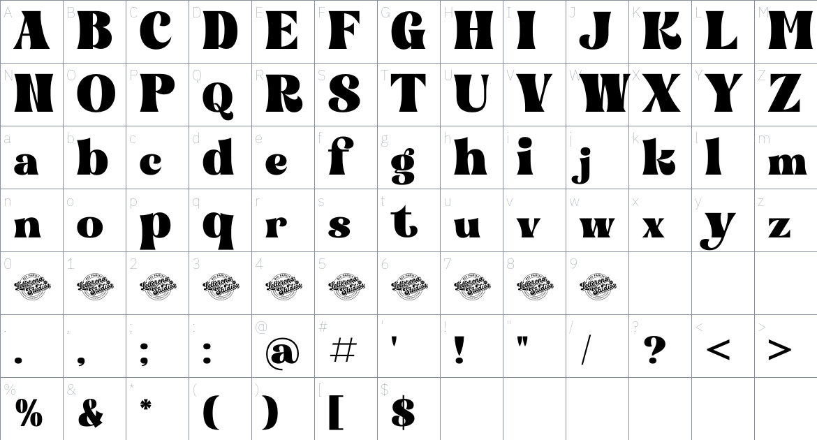 Bogien Seralu font Character Map