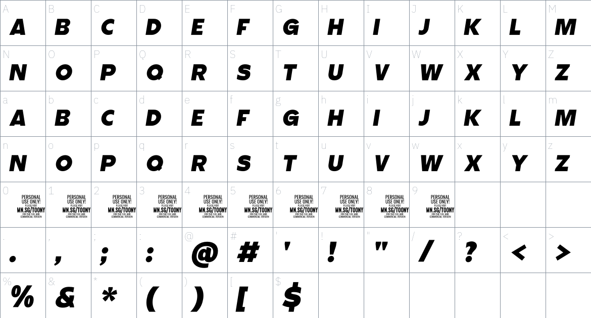 Toony Sans PERSONAL USE font Character Map