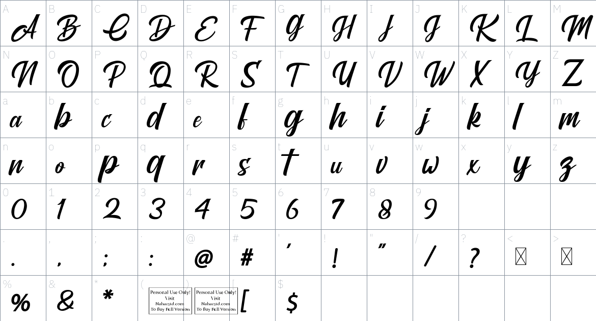 Brightons Font font Character Map