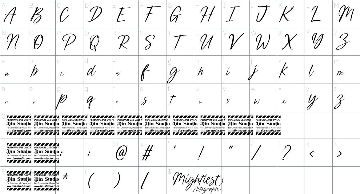 Mighties Autograph font Character Map