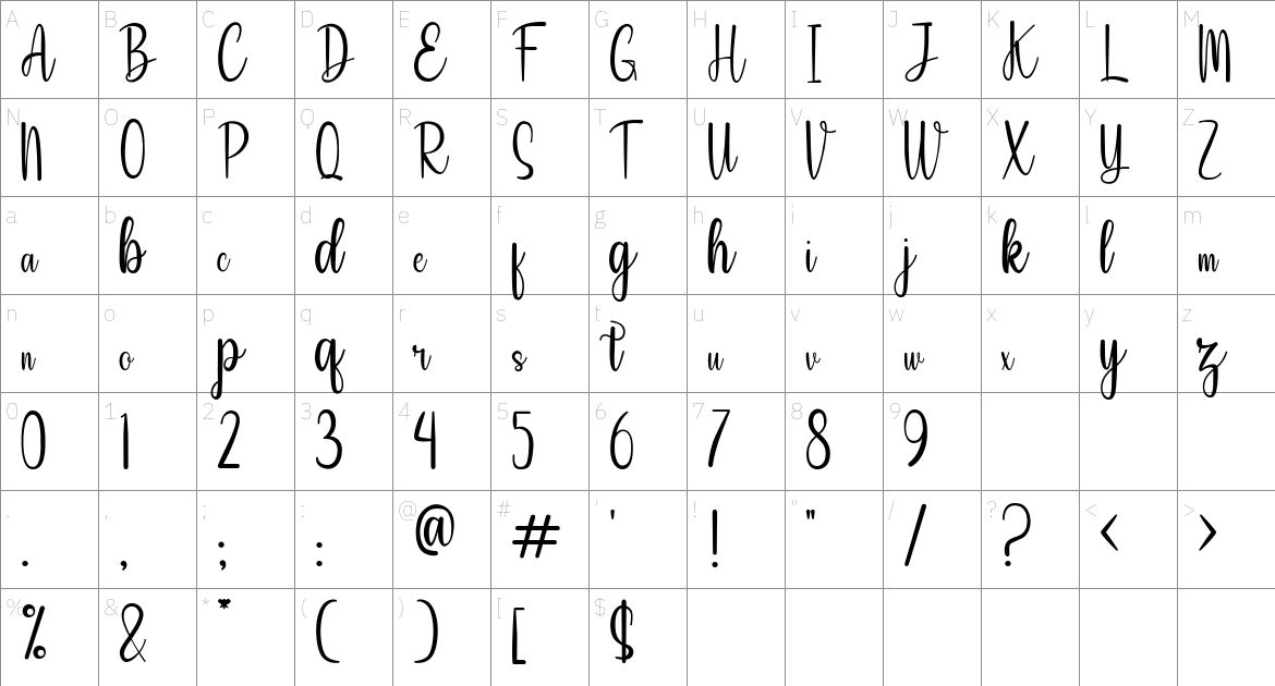 Angela Hasuky font Character Map