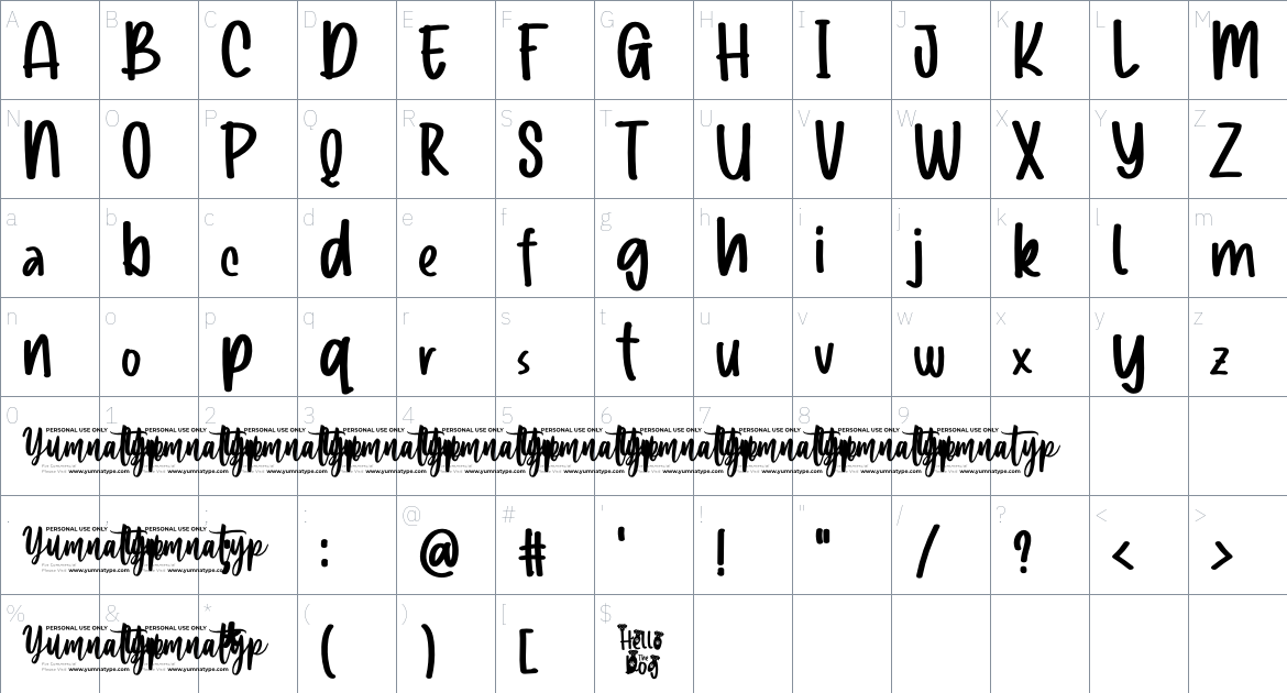 Hello The Dog font Character Map