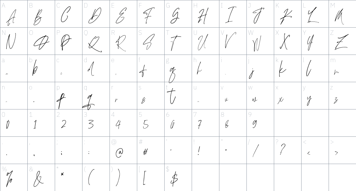 Adustine Signature font Character Map