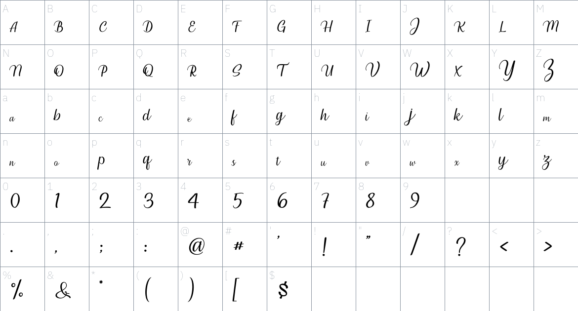 Millenial Script font Character Map