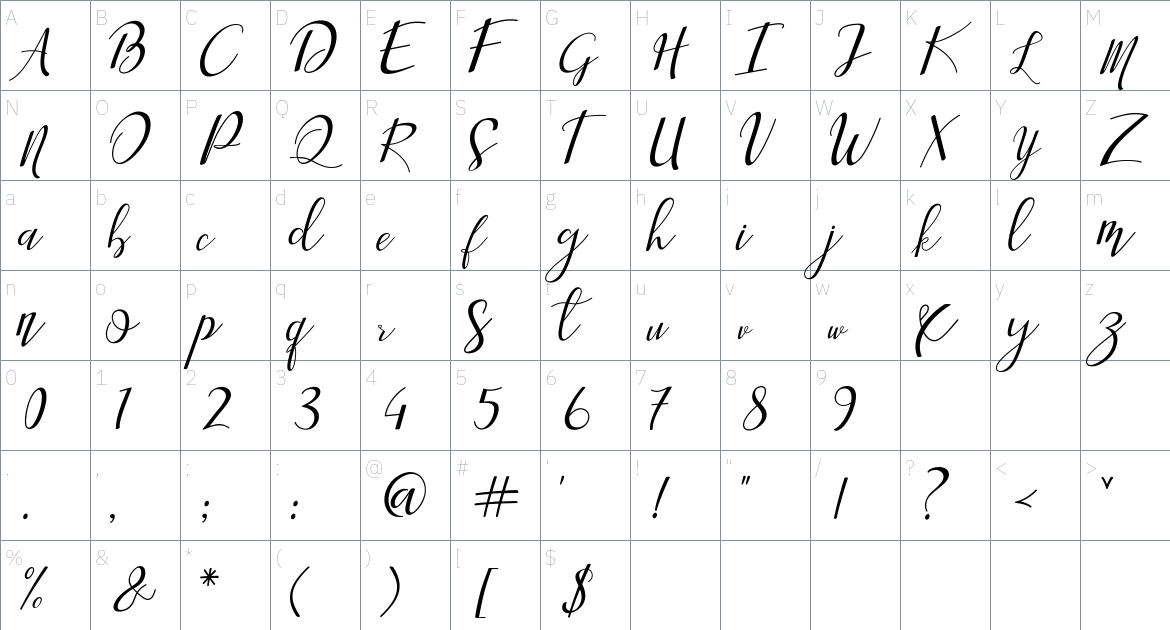 Aisyah Script font Character Map