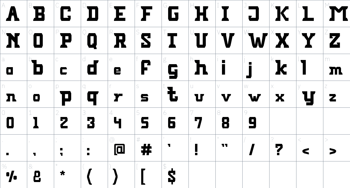 Varcity font Character Map