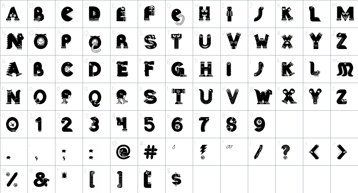 Angry Monsters Font font Character Map