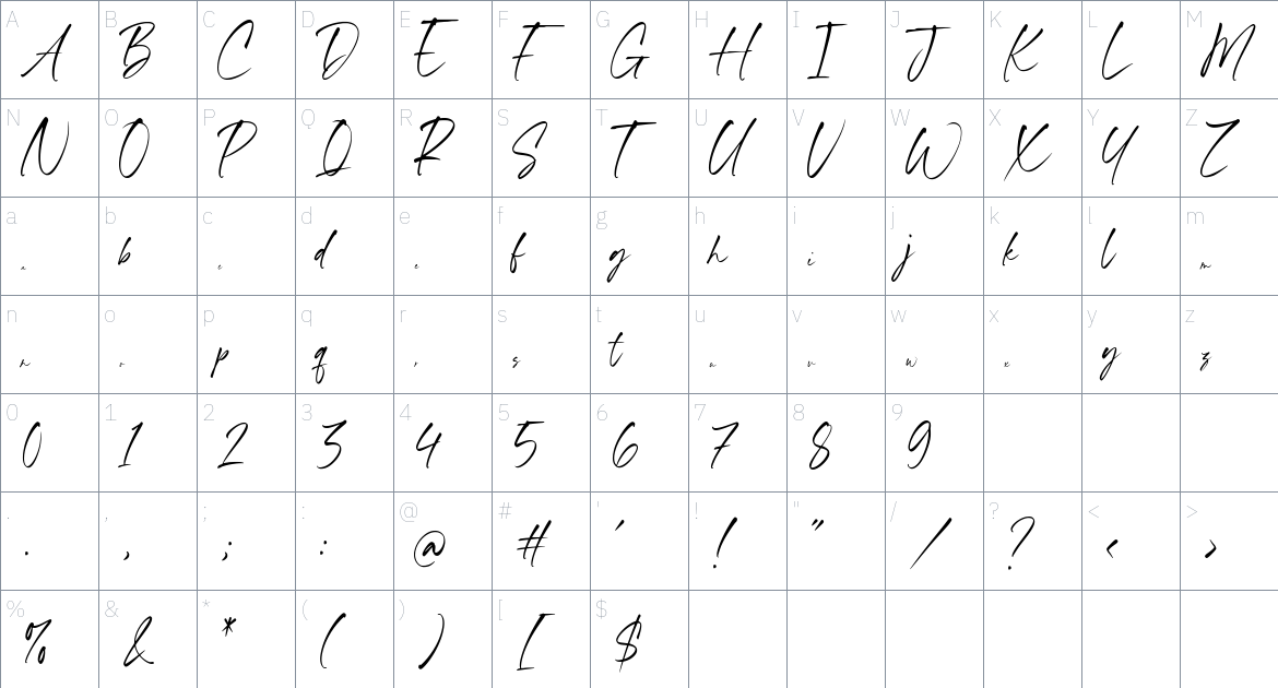 Benyamin Signature font Character Map