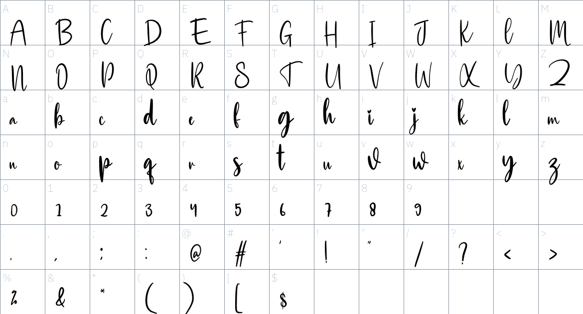 Stylish font Character Map